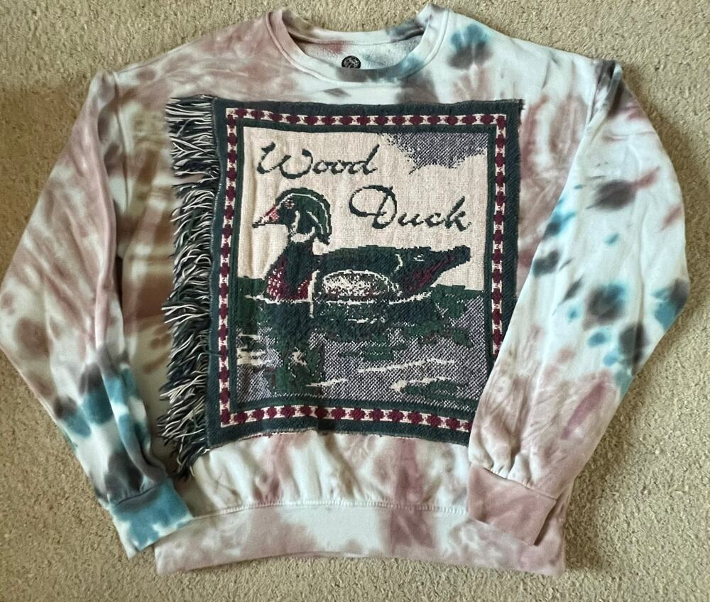 Duck tapestry sweatshirt w fringe, upcycled, tie dye crewneck,  S